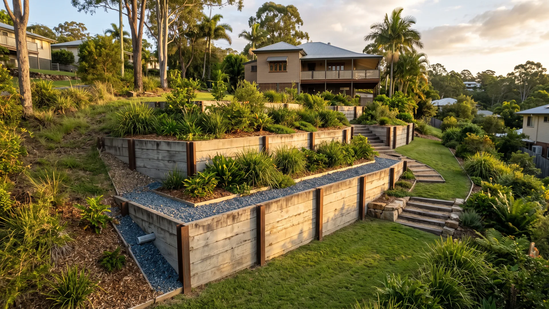 Finished retaining wall terrace on a sloping Brisbane block